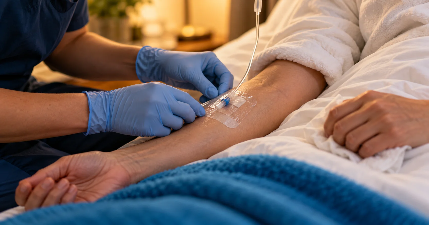 Service Area > Henderson 17 A nurse in gloves securing an IV line on a patient’s arm