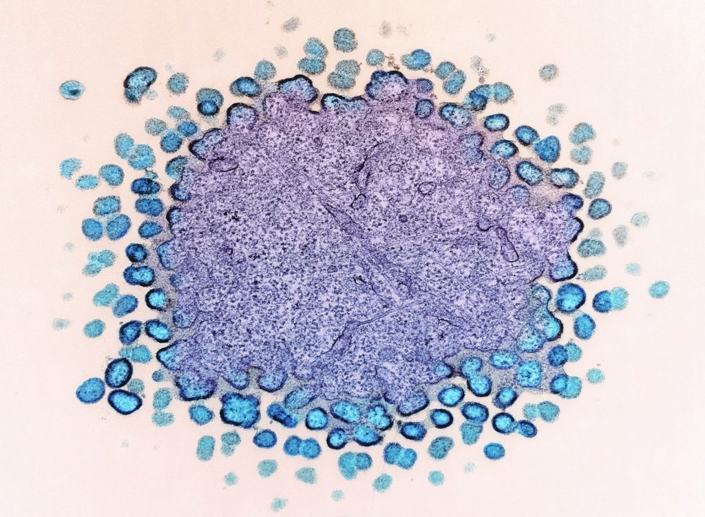 a purple and blue substance is surrounded by blue dots