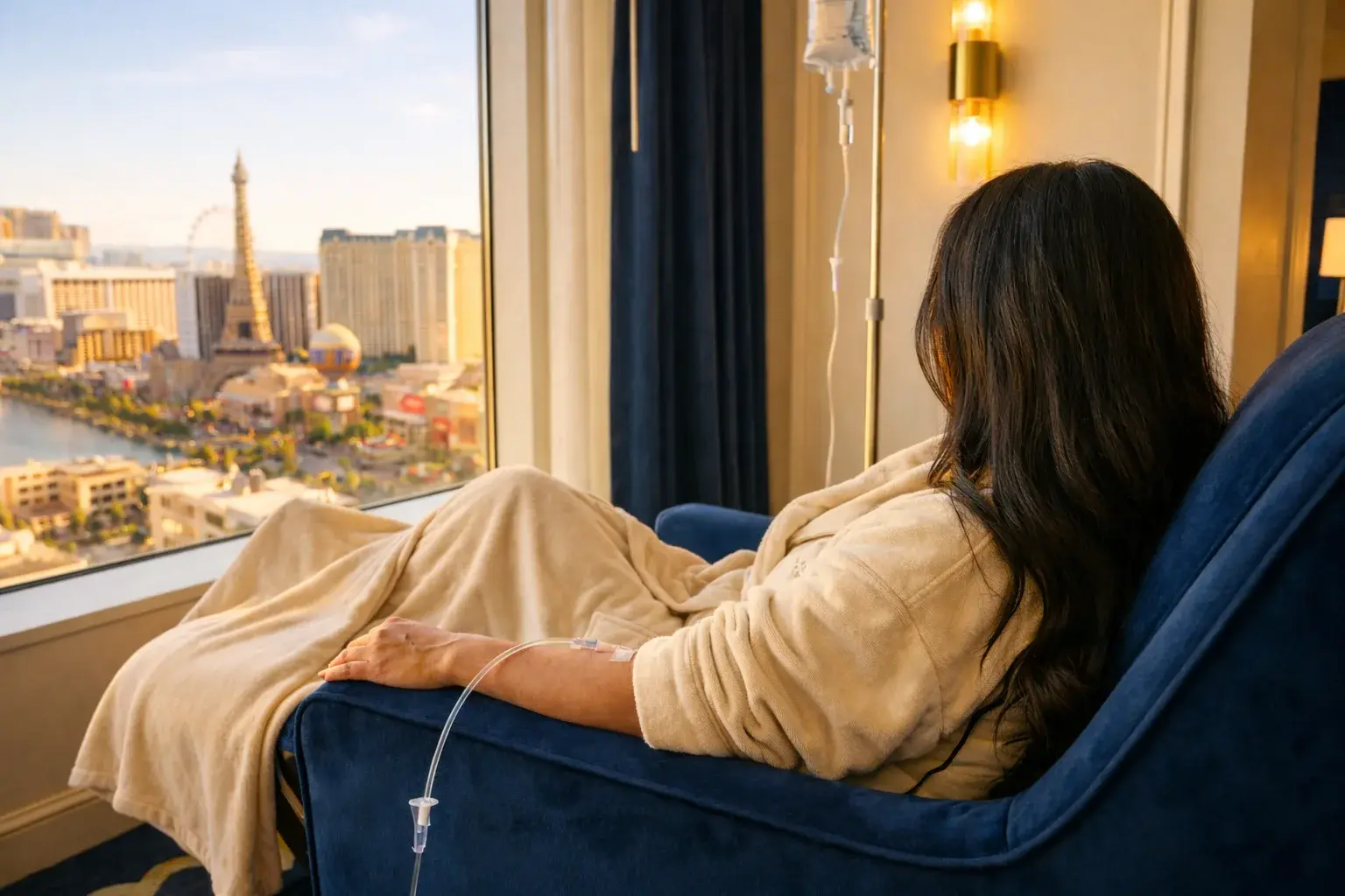 Mobile IV nurse with a client in a Primm, NV hotel room
