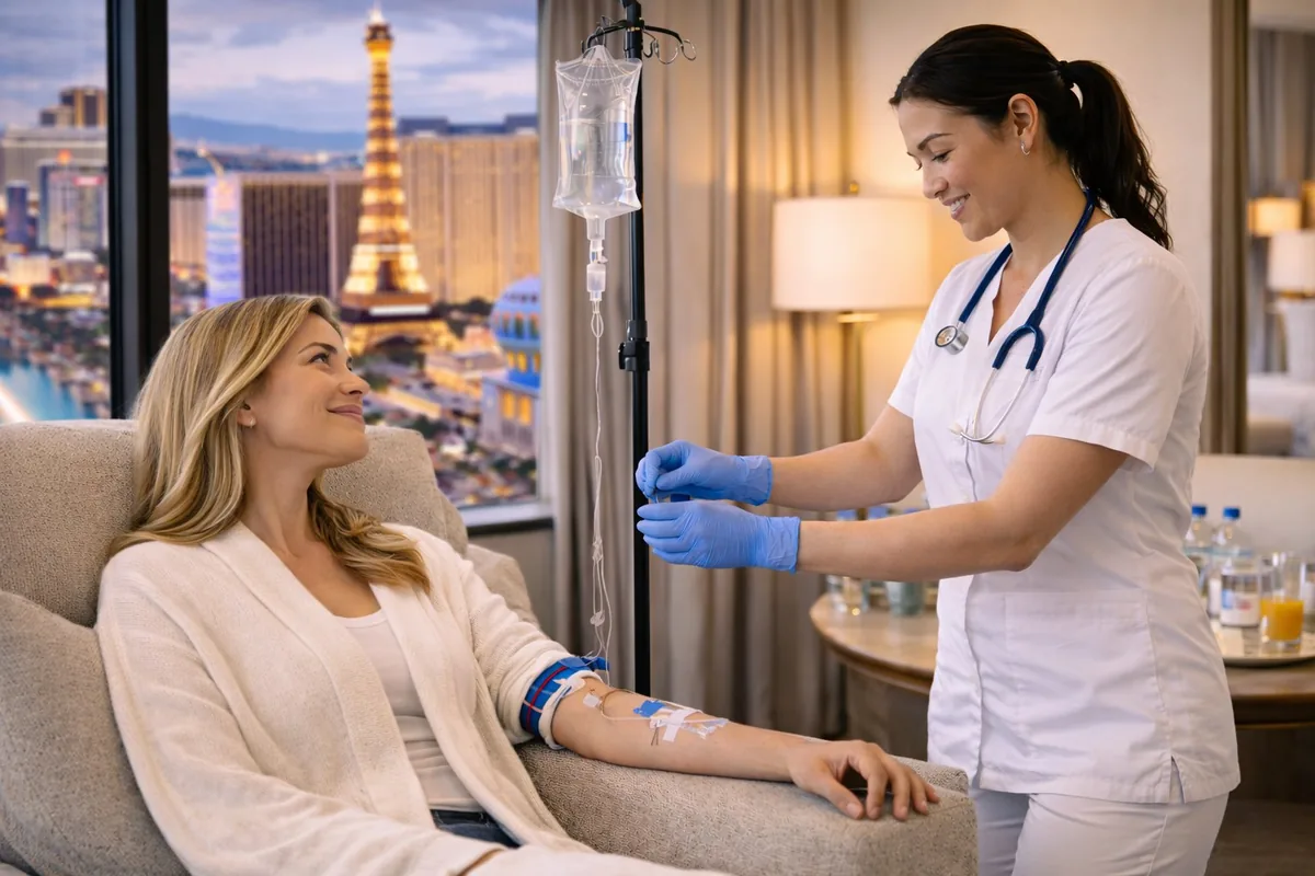 Licensed RN administering mobile IV therapy in a Las Vegas hotel room