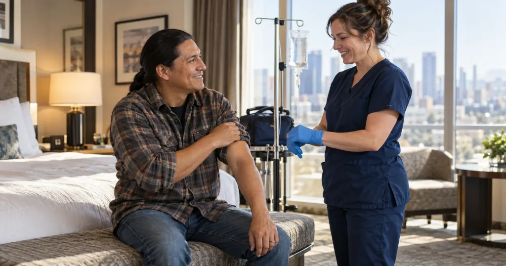 nurse pulling on gloves before iv hotel room las vegas