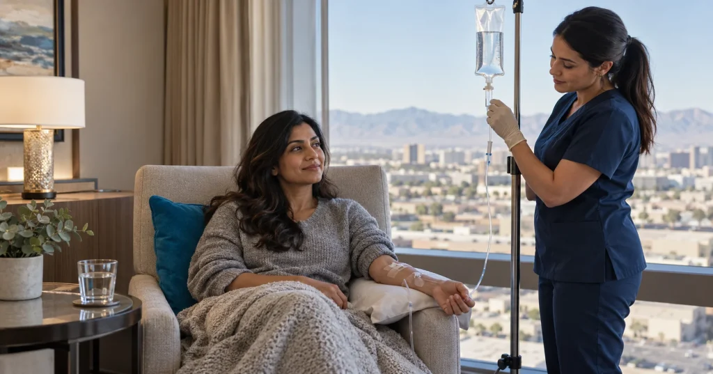 Is Mobile IV Therapy Covered by Insurance, HSA or FSA? 10 Woman resting in an armchair with an IV drip while a nurse checks the line in a Las Vegas hotel suite