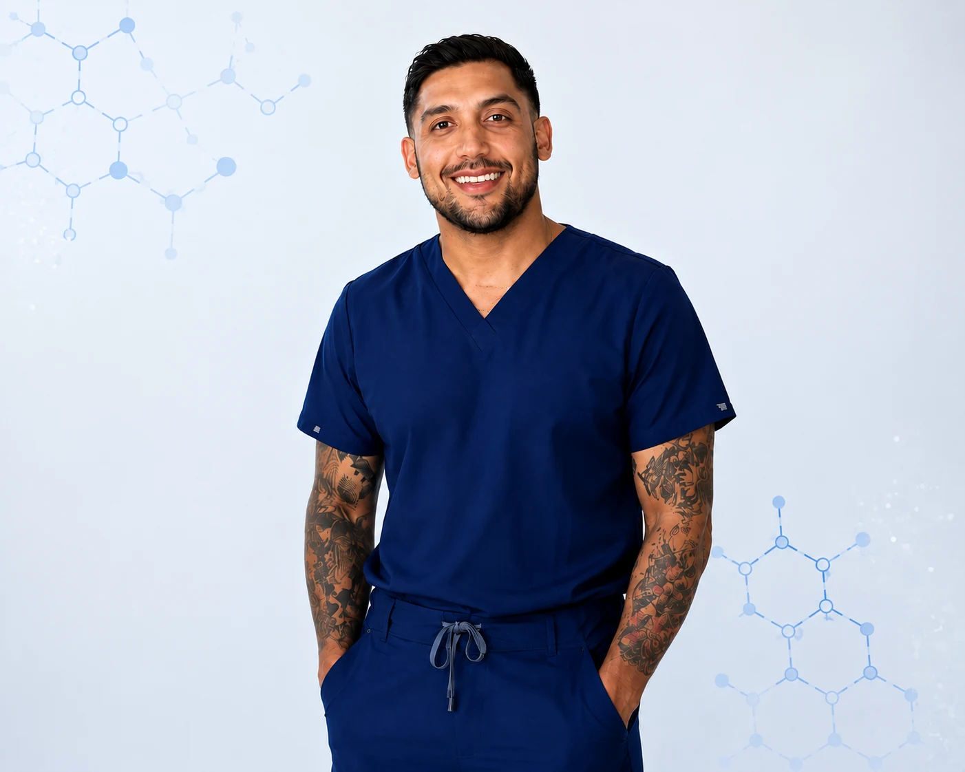 Diego Pergentili, RN, a registered nurse with Las Vegas Mobile IV Therapy, in navy scrubs