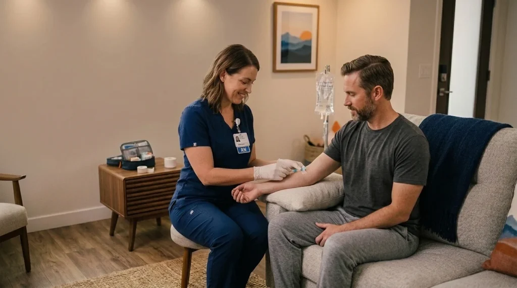 Does IV Therapy Actually Work? What the Evidence Shows 1 Registered nurse placing an IV for a seated client at home during a Las Vegas mobile IV therapy visit
