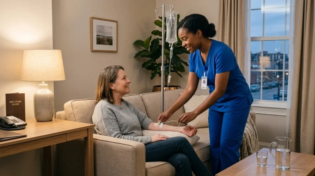 Licensed nurse giving an at-home IV hydration treatment to a relaxed client in Las Vegas