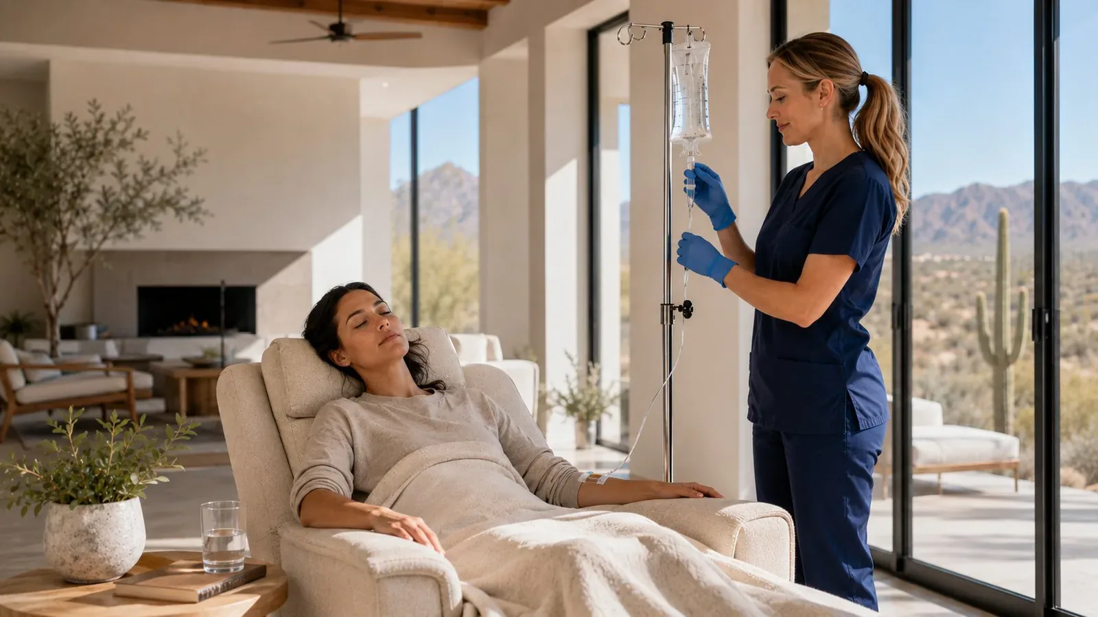 Client resting during an in-home mobile IV therapy visit in Moapa Valley, Nevada