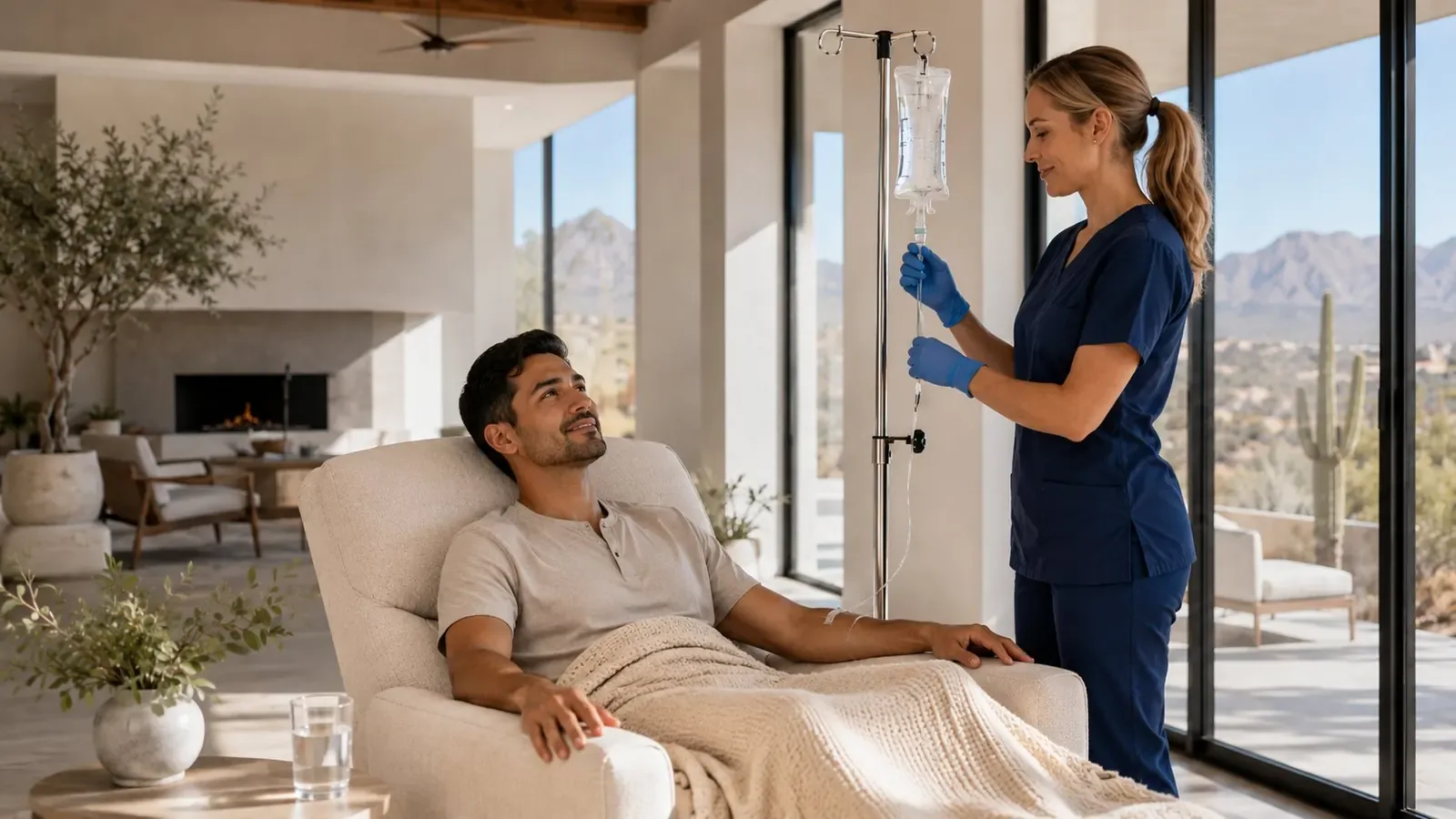 Client resting at home during an in-home mobile IV therapy visit