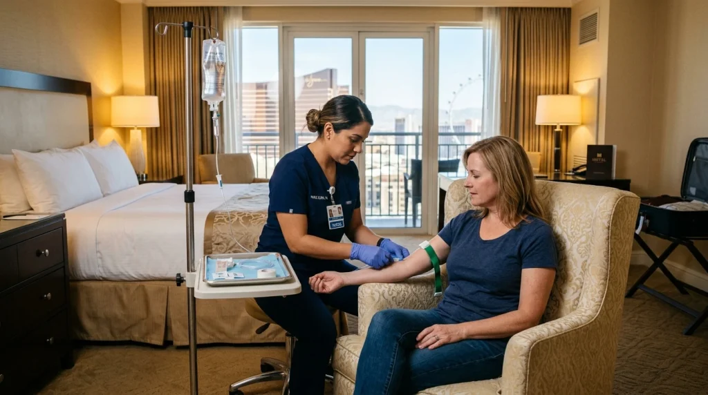 Registered nurse placing an IV for a seated woman in a Las Vegas hotel room during a mobile IV therapy visit
