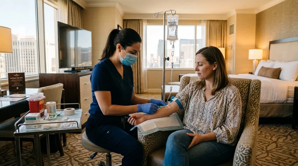 Registered nurse placing an IV for a seated woman in a Las Vegas hotel room during a mobile IV therapy visit