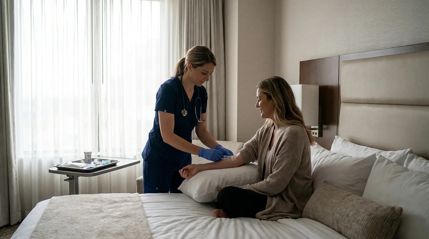 Registered nurse placing an IV for a seated woman in a Las Vegas hotel room during a mobile IV therapy visit