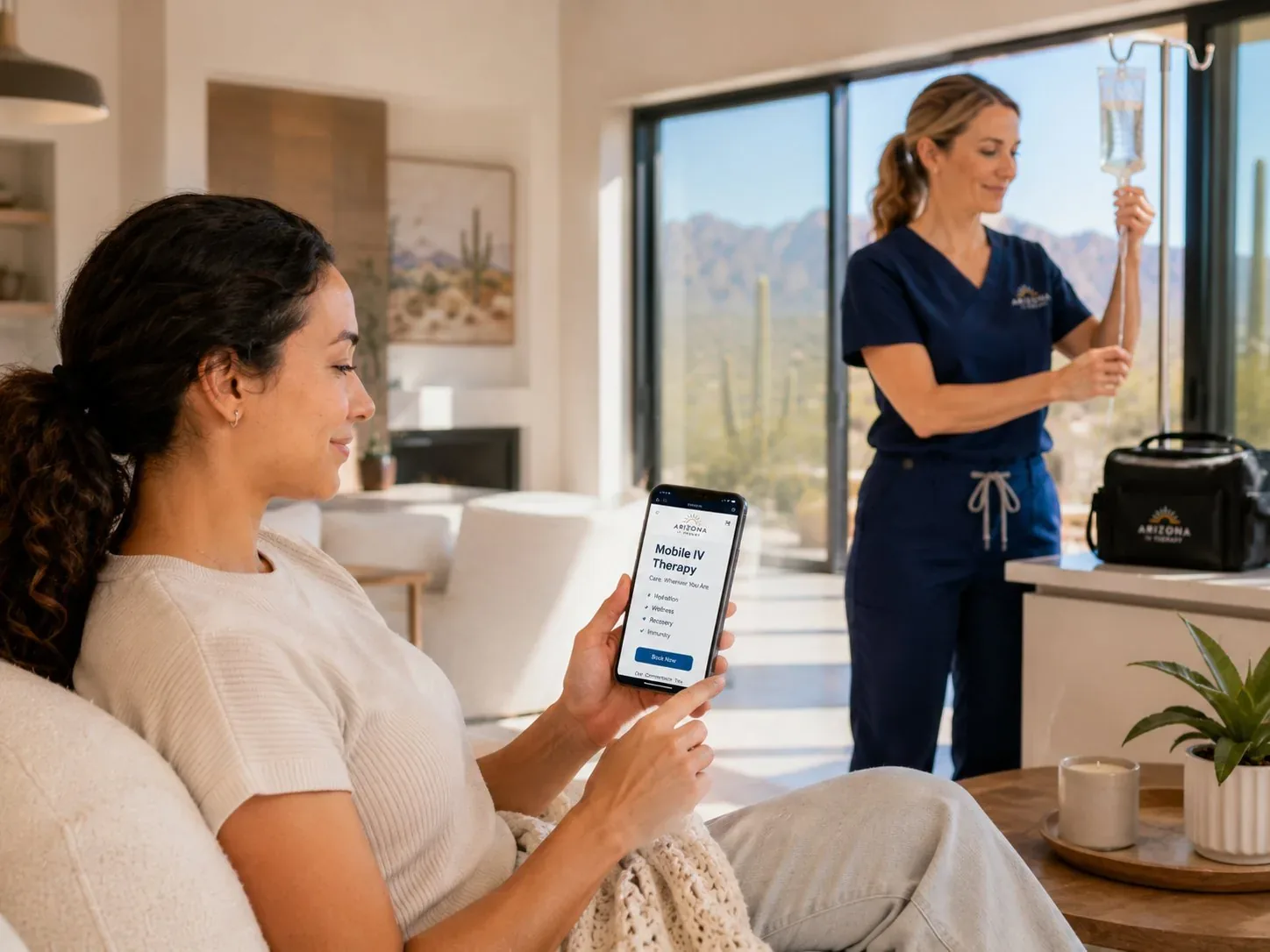 Client booking a mobile IV therapy visit on a phone in Moapa Valley, Nevada