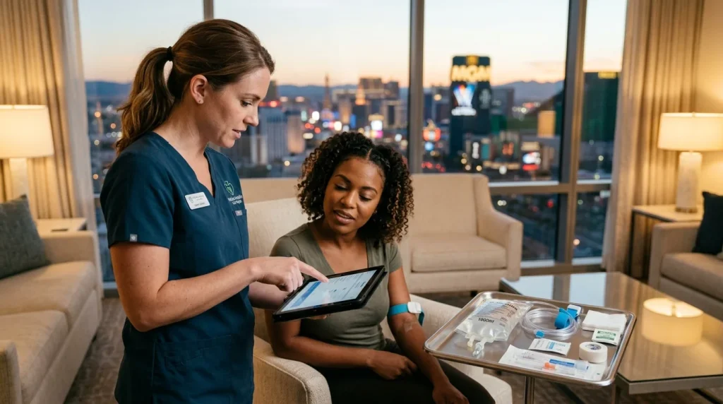 Nurse reviewing an intake tablet with a client before a mobile IV in a Las Vegas hotel suite