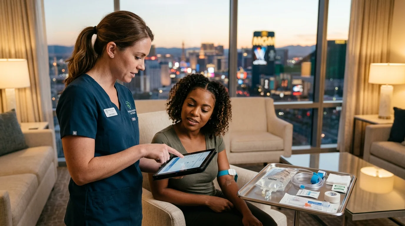 Nurse reviewing an intake tablet with a client before a mobile IV in a Las Vegas hotel suite