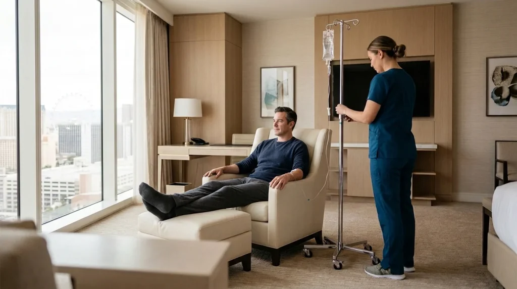Nurse adjusting an IV drip for a client relaxing in a Las Vegas hotel room with Strip view