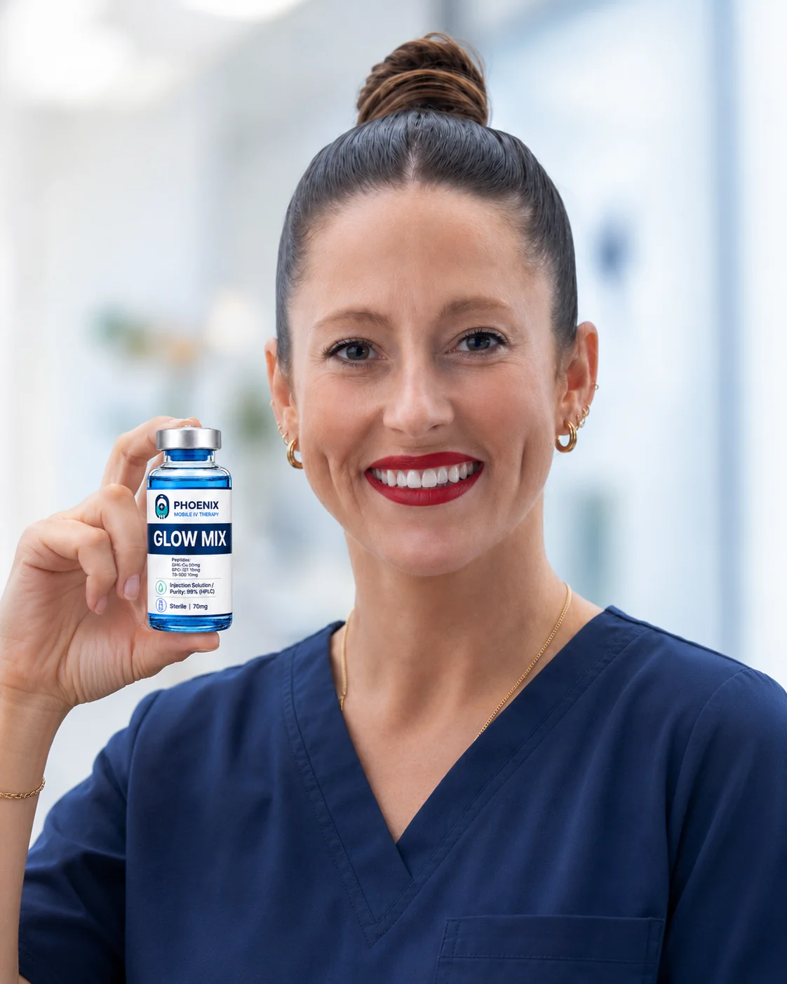 Licensed nurse holding a compounded peptide vial for Mobile IV Therapy Las Vegas