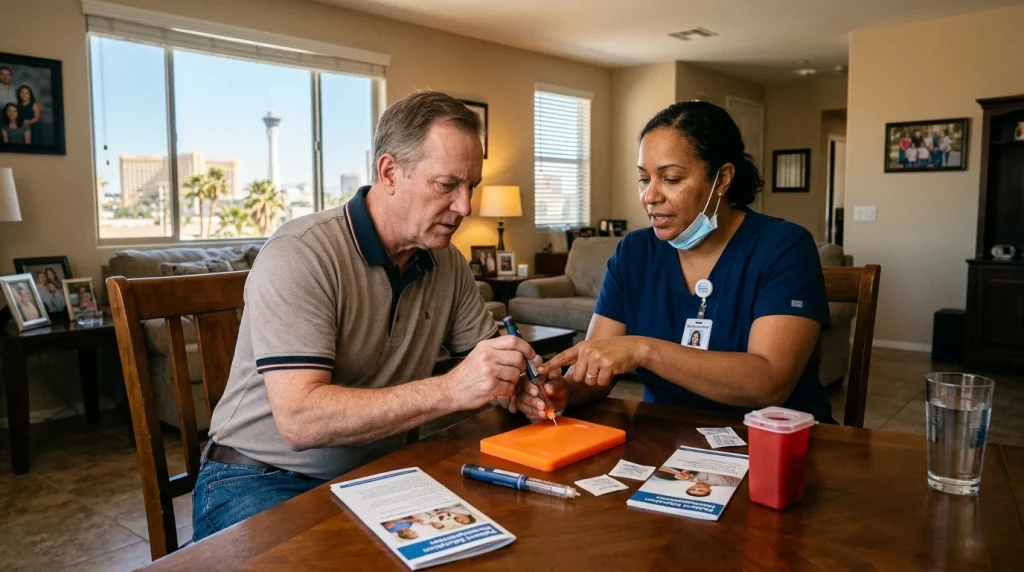 Nurse teaching an older man how to self-administer a peptide injection at home in Las Vegas