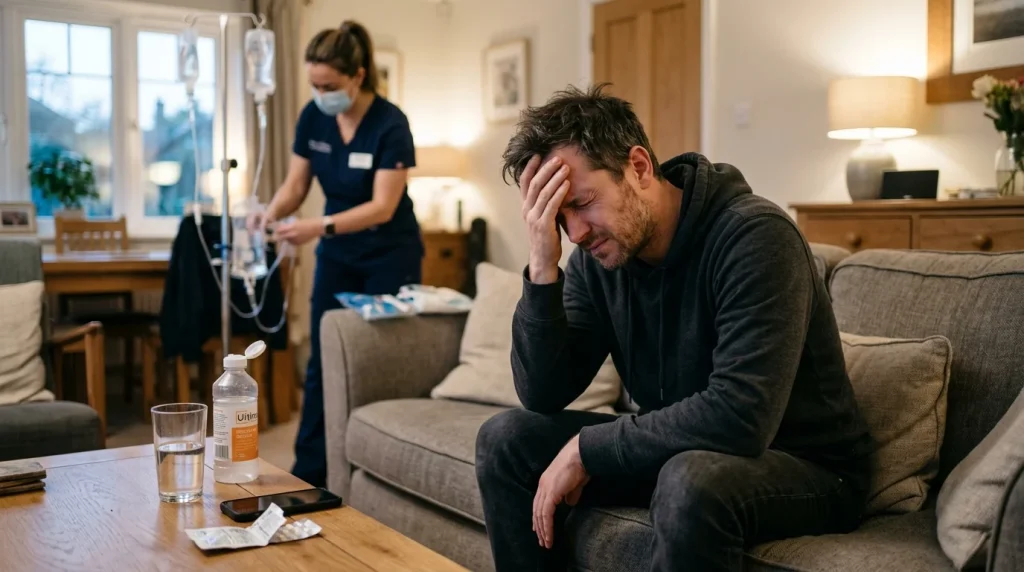 Man easing a dehydration headache at home while a nurse sets up a mobile IV in Las Vegas