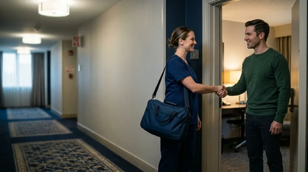 Nurse in navy scrubs greeting a client at a Las Vegas hotel room door for a mobile IV visit