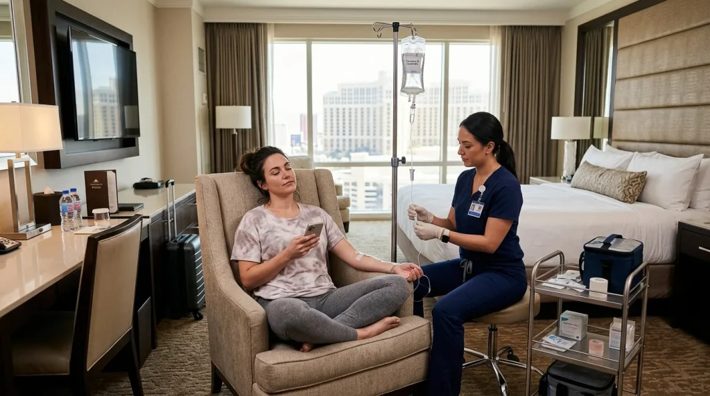 Woman receiving a mobile IV drip while seated in a Las Vegas hotel room during a recovery visit