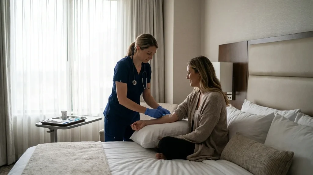 Registered nurse placing an IV for a seated woman in a Las Vegas hotel room during a mobile IV therapy visit