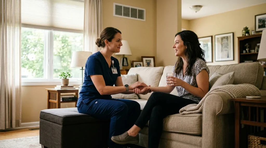 Registered nurse talking with a seated woman during an at home visit in Las Vegas after summer heat exposure