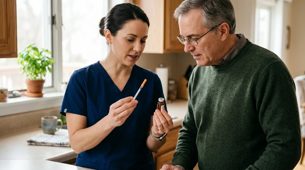 Nurse showing a patient how to prepare a prescription peptide dose at home