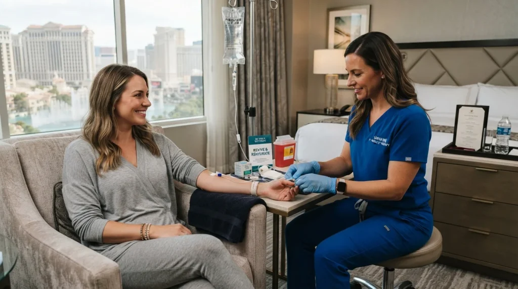 Registered nurse placing an IV for a seated woman in a Las Vegas hotel room during a mobile IV therapy visit