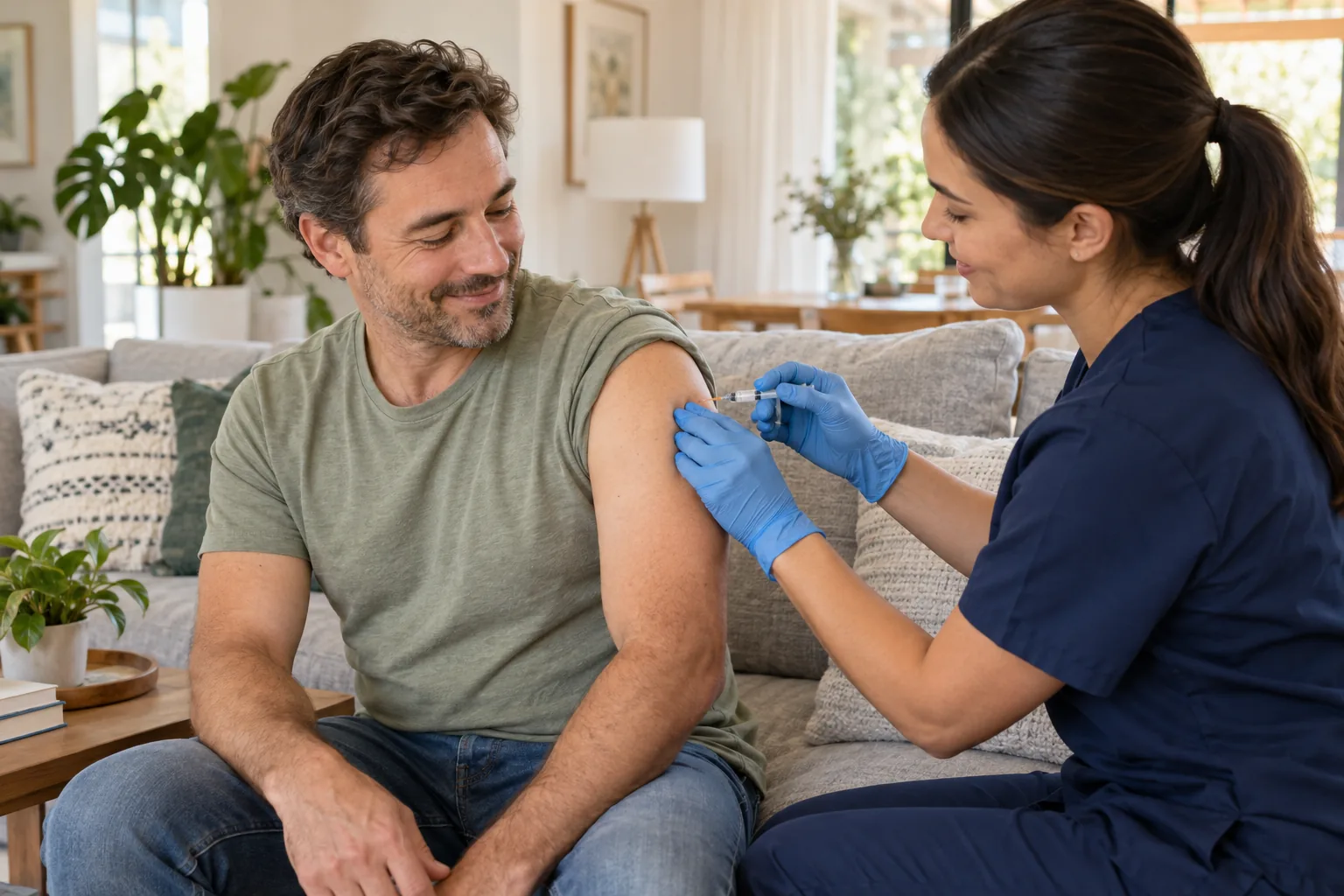 B12 Shots 11 Clinician giving a B12 shot in the upper arm of a client on his living-room couch in Las Vegas