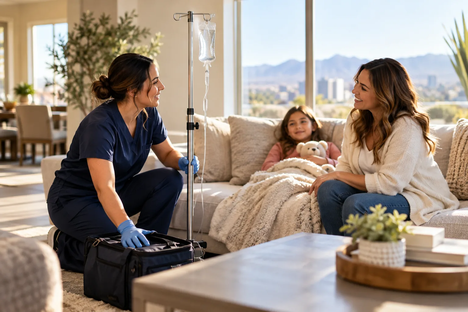 Service Area > Henderson 11 A clinician setting up an IV stand in a living room while a mother and her daughter relax on the sofa