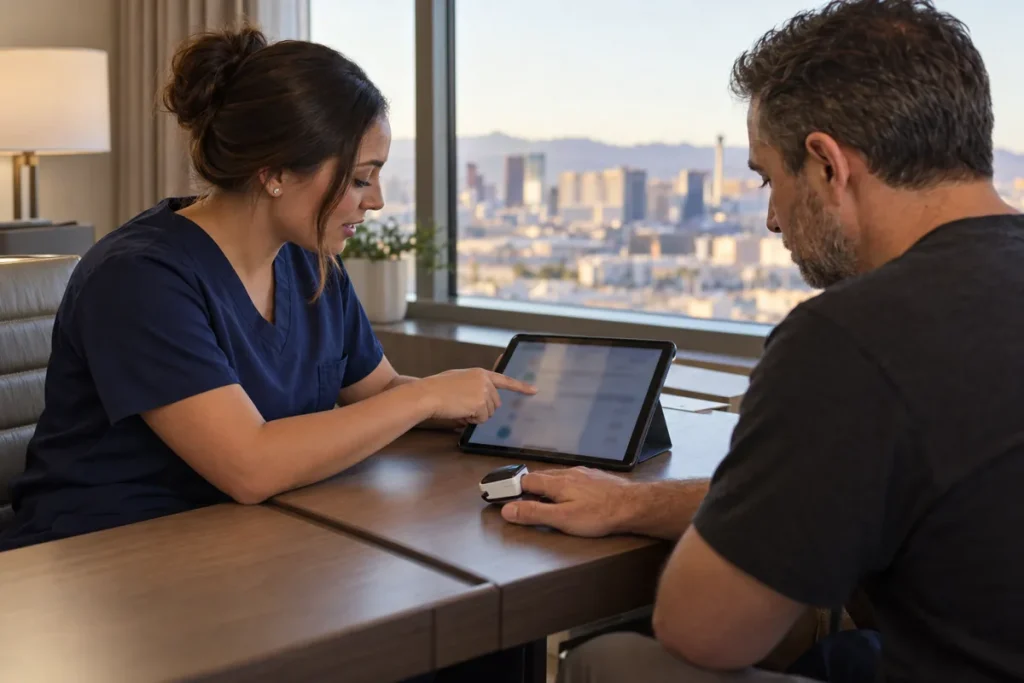 Clinician reviewing a client's medications on a tablet before starting a mobile IV in Las Vegas