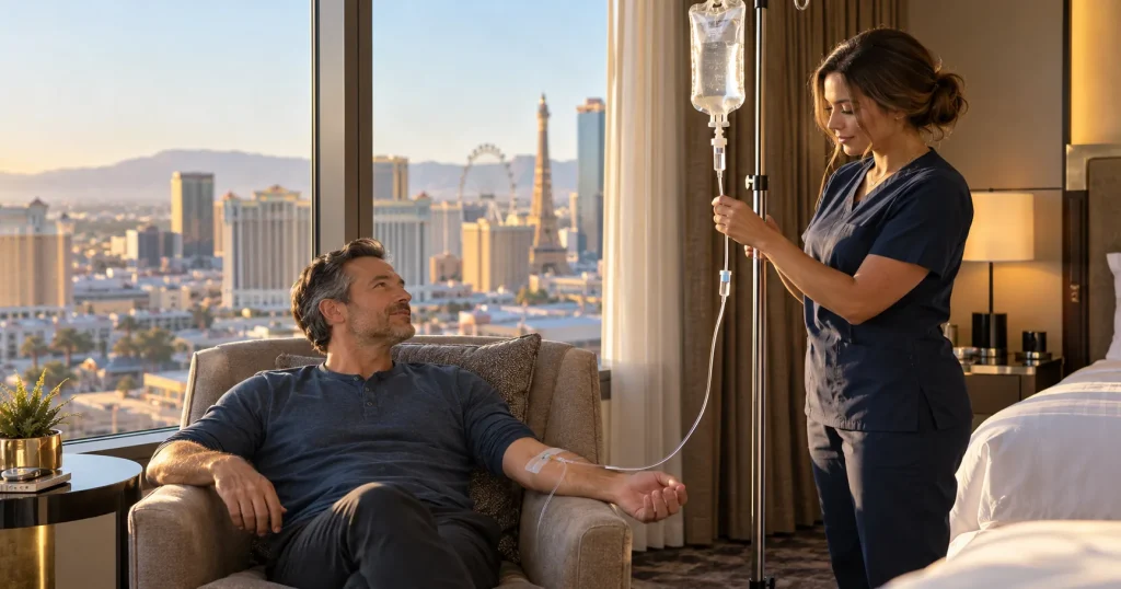 How to Choose the Best IV Therapy in Las Vegas 1 Clinician starting a mobile IV for a man in a Las Vegas Strip hotel room