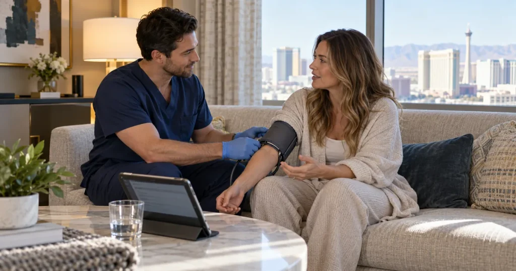 Clinician checking a client's blood pressure before a mobile IV in a Las Vegas hotel room